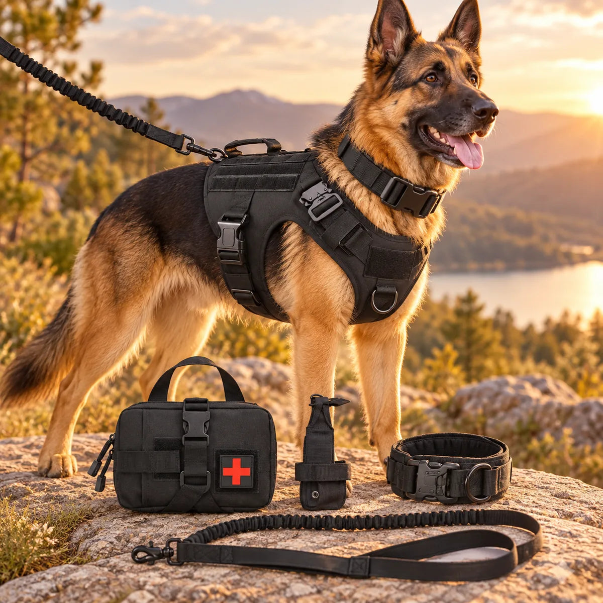 6-Piece Heavy-Duty Tactical Dog Harness Set – Rugged Training Vest With Utility Accessories