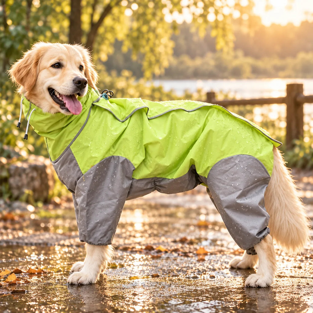 Full-Body Four-Legged Waterproof Dog Raincoat – High-Visibility Reflective All-Weather Storm Hoodie