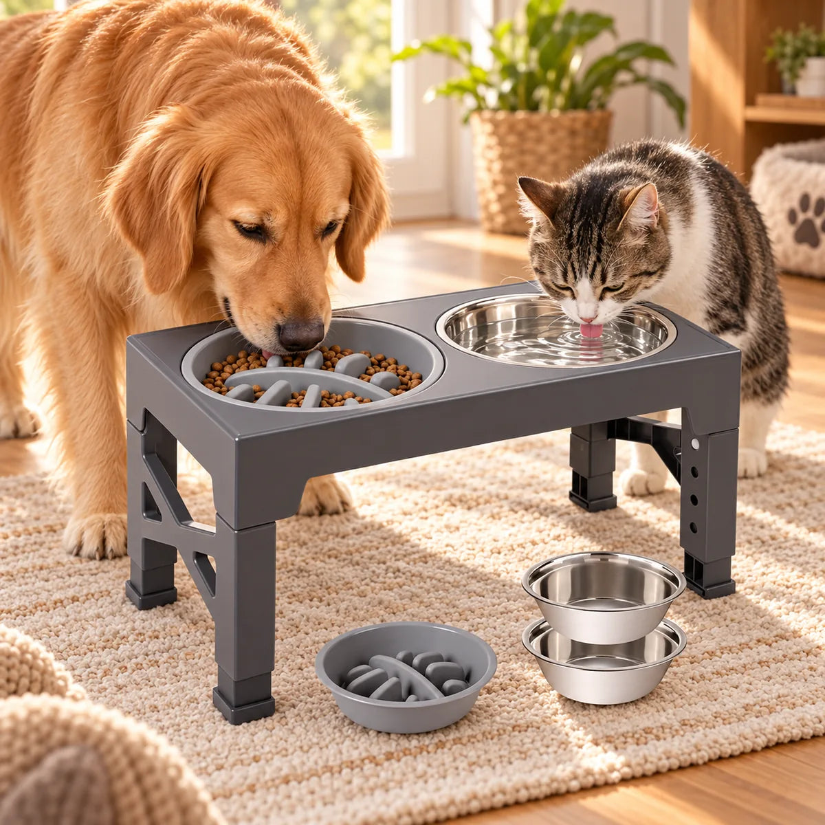 Ergonomic Adjustable Height Elevated Pet Feeder – Dual Stainless Steel Slow Food Station