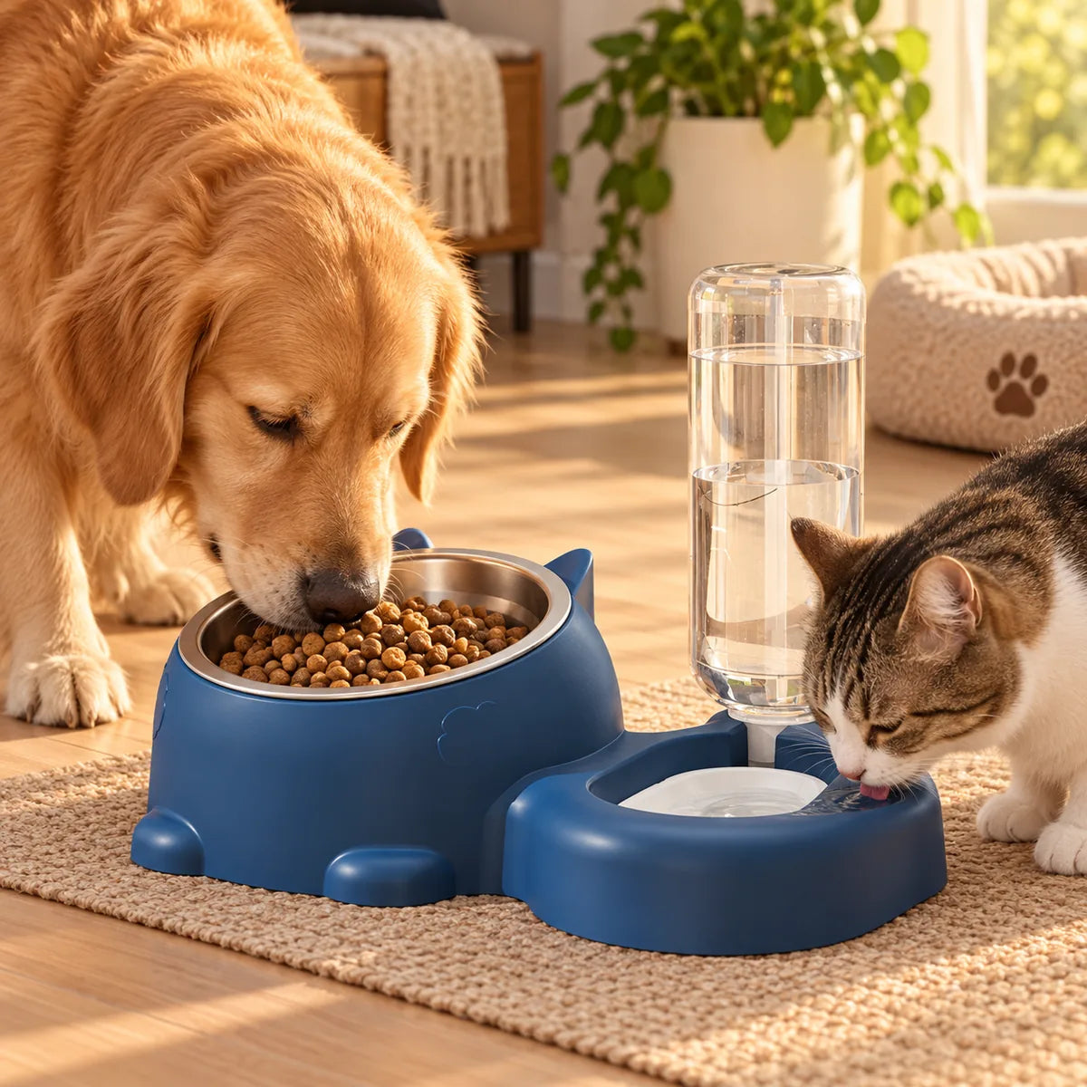 Gravity Automatic Pet Water Refill Fountain – Non-Electric Dual Food Bowl Station