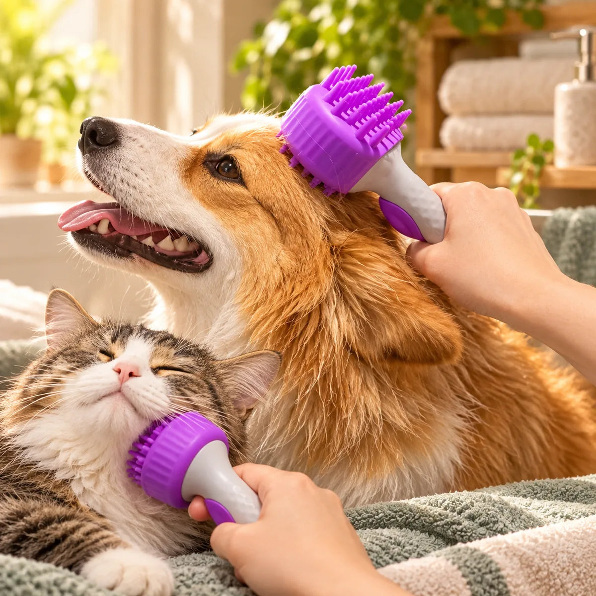 Dual-Sided Silicone 3-in-1 Pet Shampoo Dispensing Massage Grooming Scrubber Bath Brush