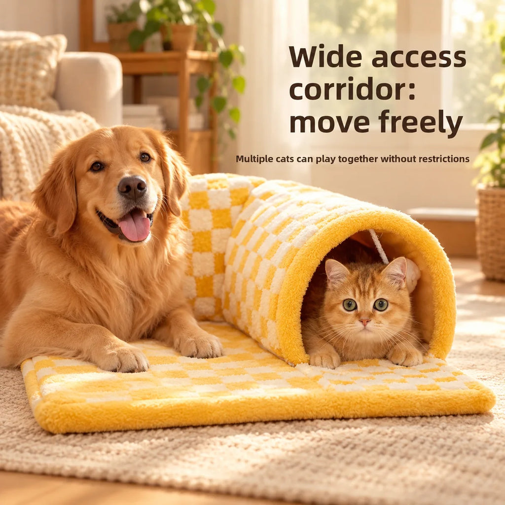 2-in-1 Foldable Plush Pet Bed Tunnel – Reversible Interactive Maze Lounge Mat