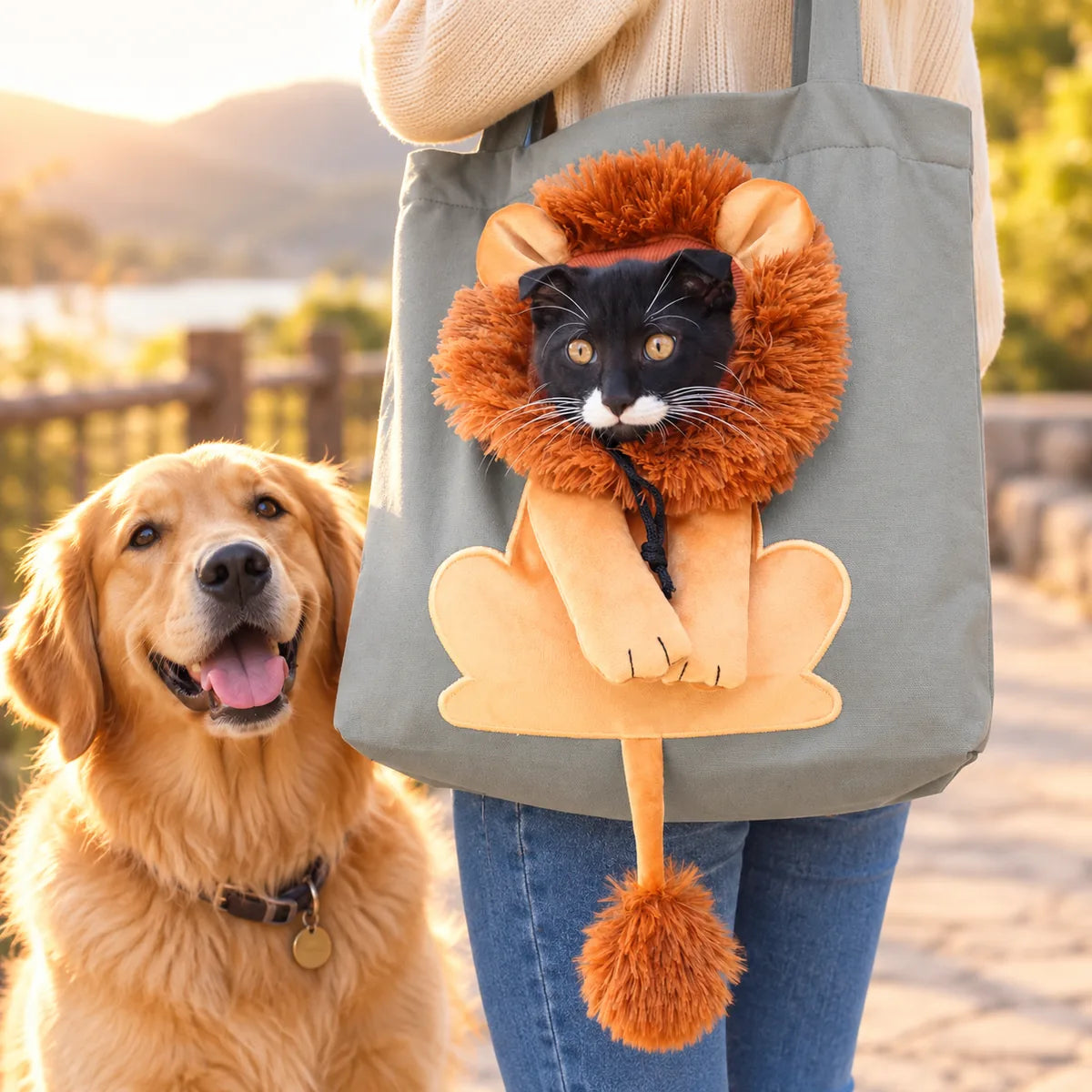 Cartoon Lion Canvas Pet Sling Carrier – Adjustable Head-Out Travel Shoulder Tote