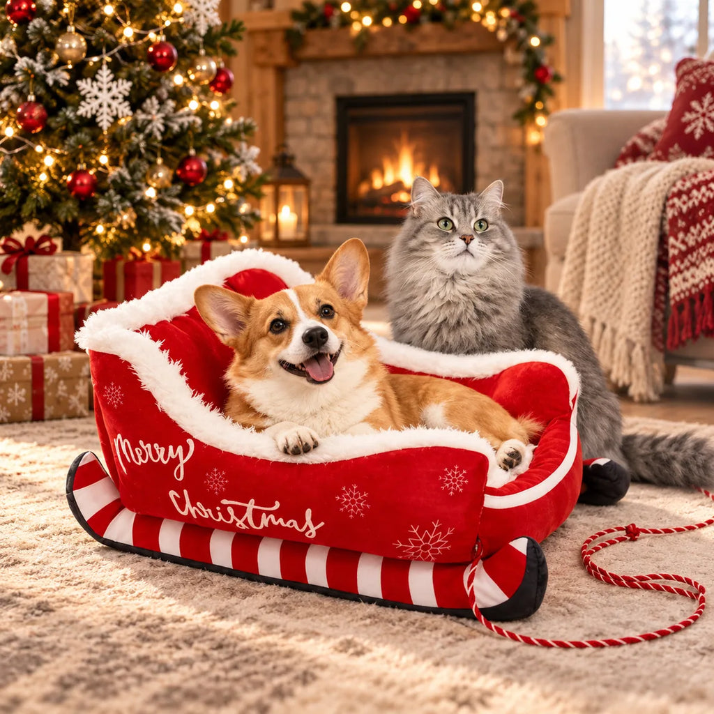 Festive Christmas Sleigh Plush Pet Bed – Winter Warm PP Cotton Insulating Lounger