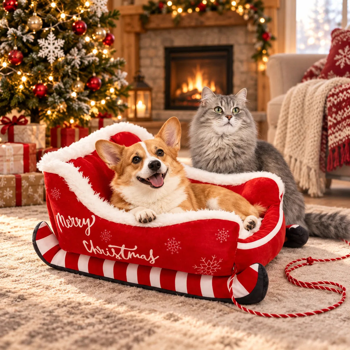 Festive Christmas Sleigh Plush Pet Bed – Winter Warm PP Cotton Insulating Lounger