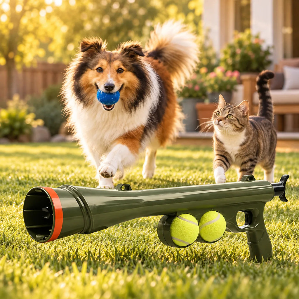 Interactive Tennis Ball Launcher Toy Gun – Handheld Fetch Training Device With Two Balls