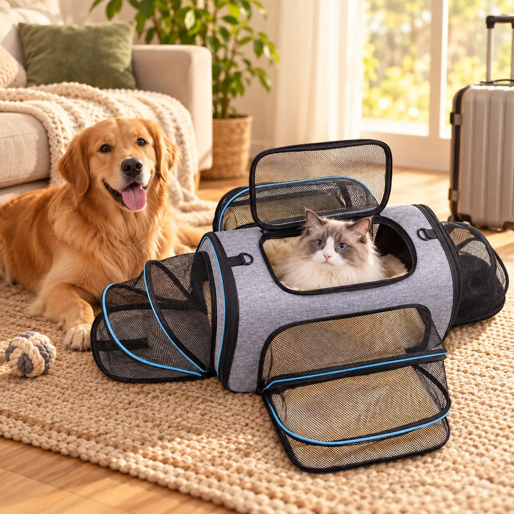 4-Way Expandable Four-Door Pet Carrier – Foldable Breathable Mesh Car Travel Suitcase