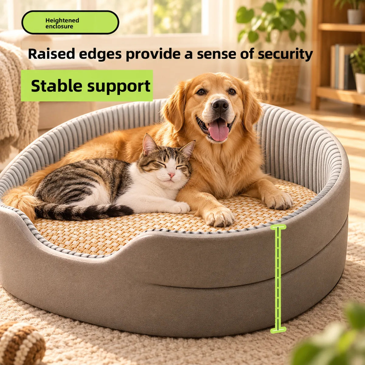 Anti-Overheating Plush Pet Cooling Bed – Summer Refreshing Raised Fence Calming Sofa Lounger
