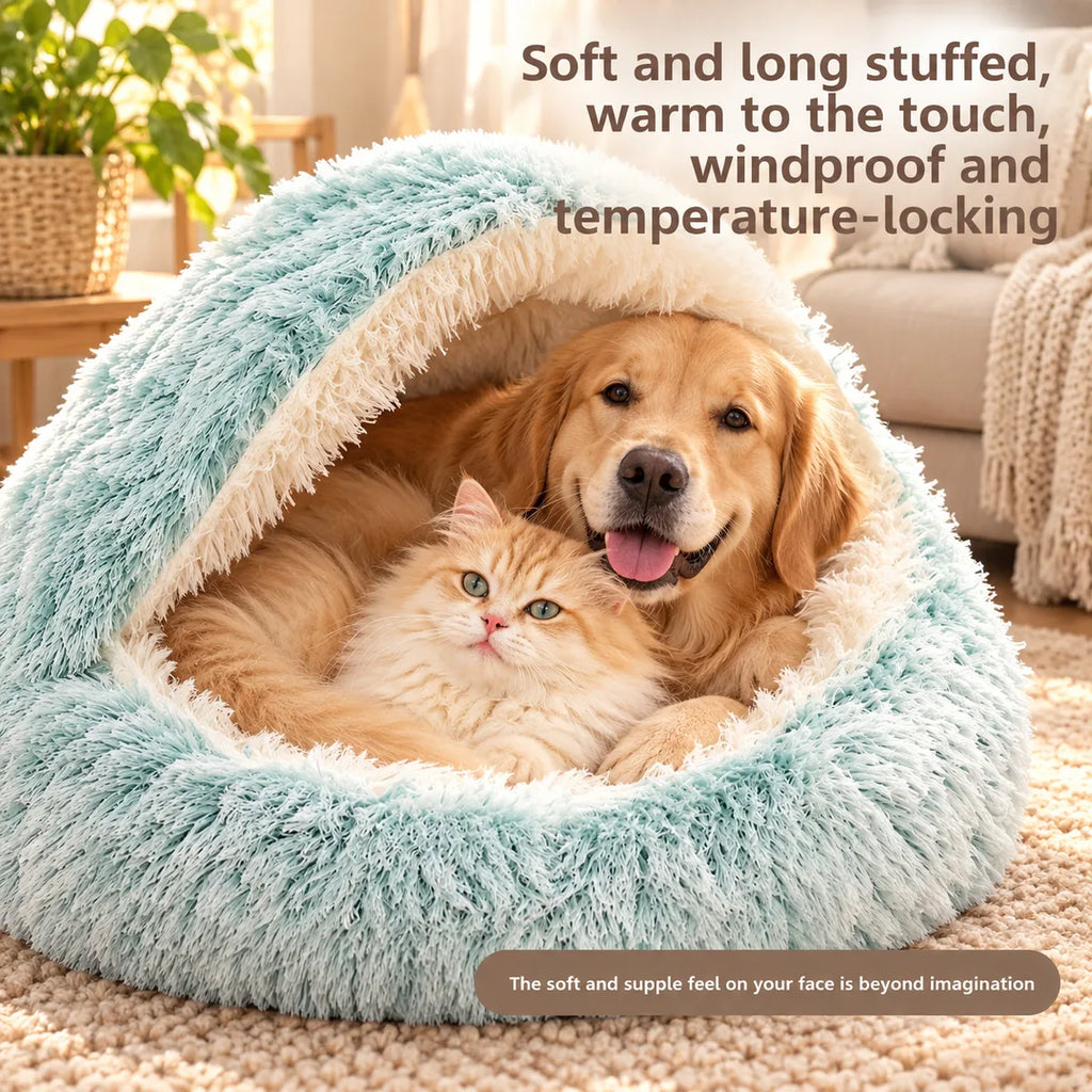 Semi-Enclosed Shell Shape Pet Cave Bed – Winter Warm Crystal Velvet Calming Nest