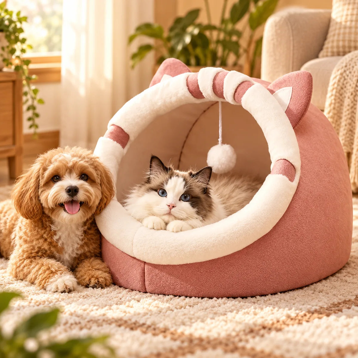 Semi-Enclosed Anti-Anxiety Winter Warm Pet Bed – Wear-Resistant All-Season Cozy Nest