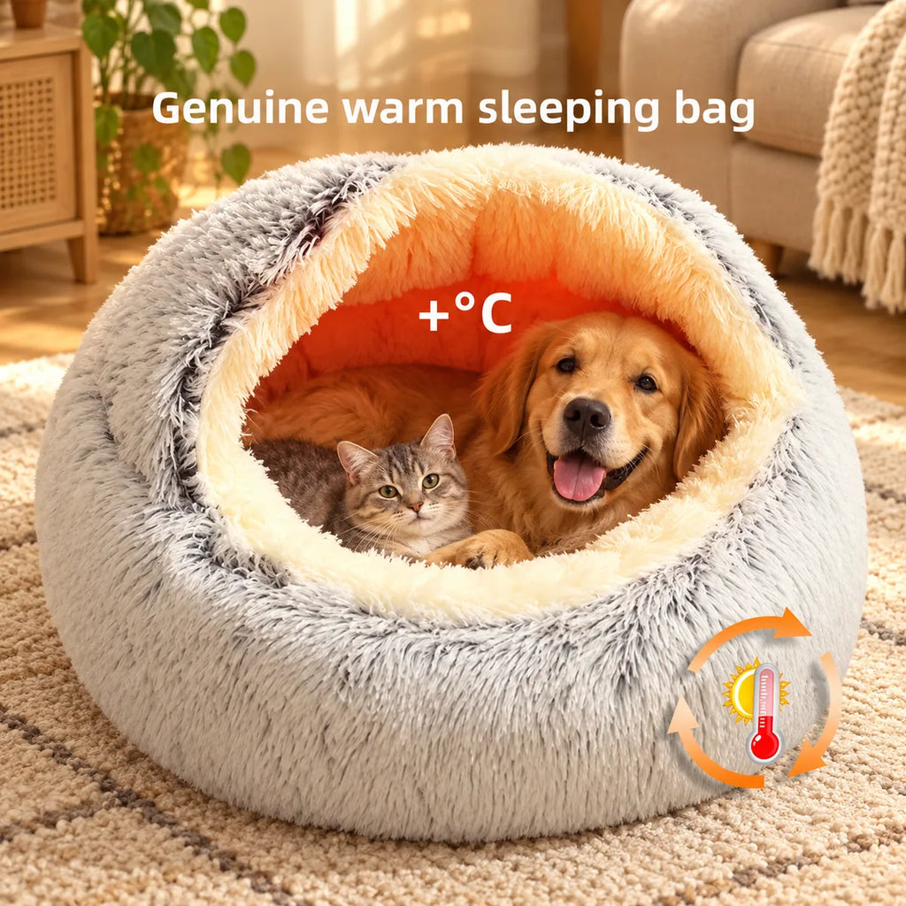 Semi-Enclosed Shell Shape Pet Cave Bed – Deep Sleep Insulating Plush Velvet Lounger