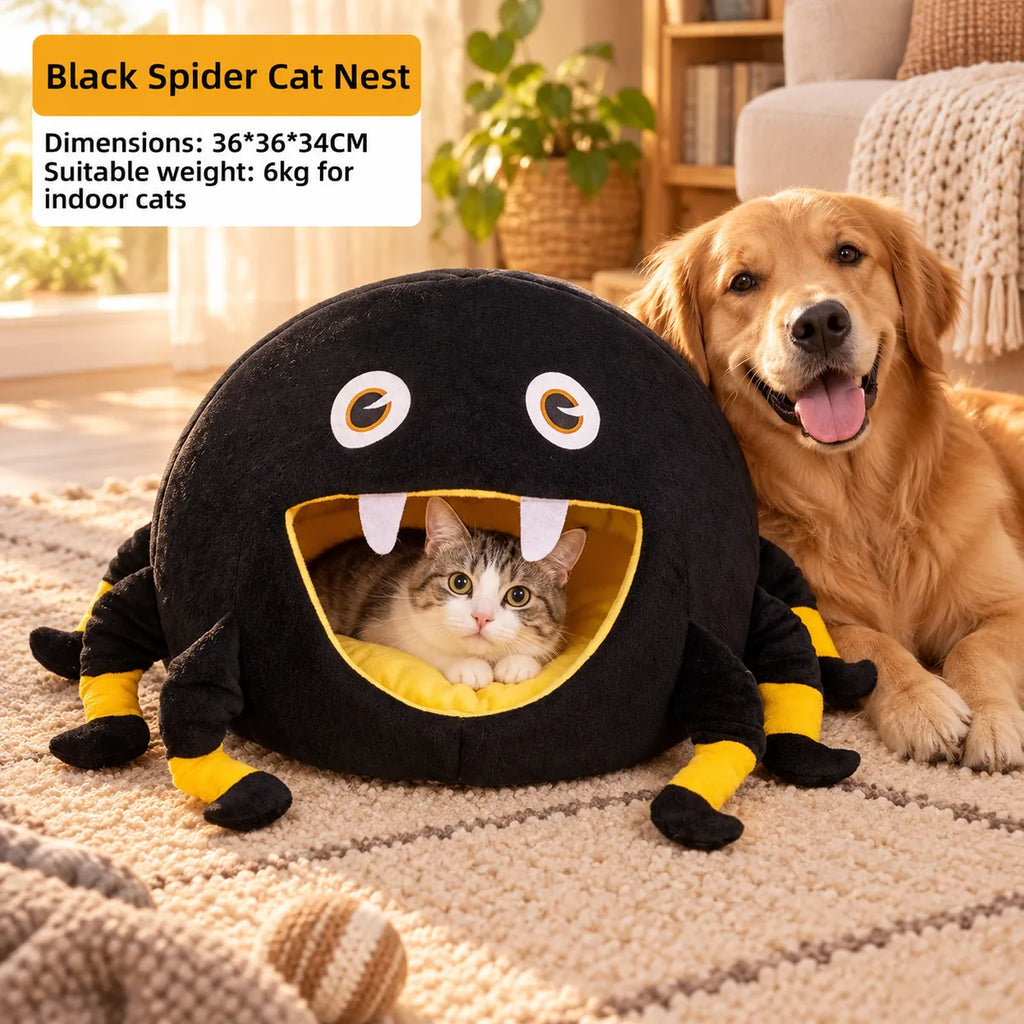 Semi-Enclosed Spider Halloween Pet Bed – Black Anti-Anxiety Soft Holiday Lounge Cave
