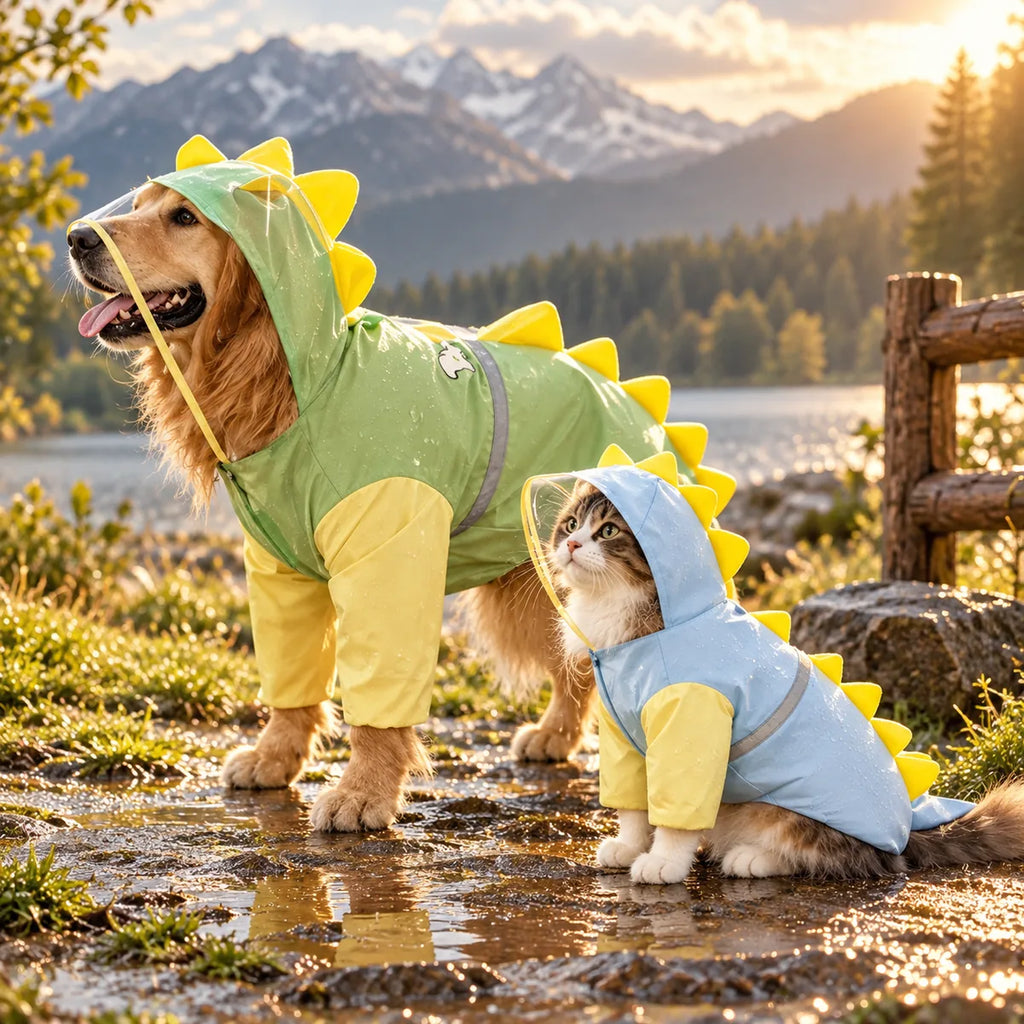 Full-Body Waterproof Dinosaur Pet Raincoat – Four-Legged 3D Tail All-Weather Storm Hoodie