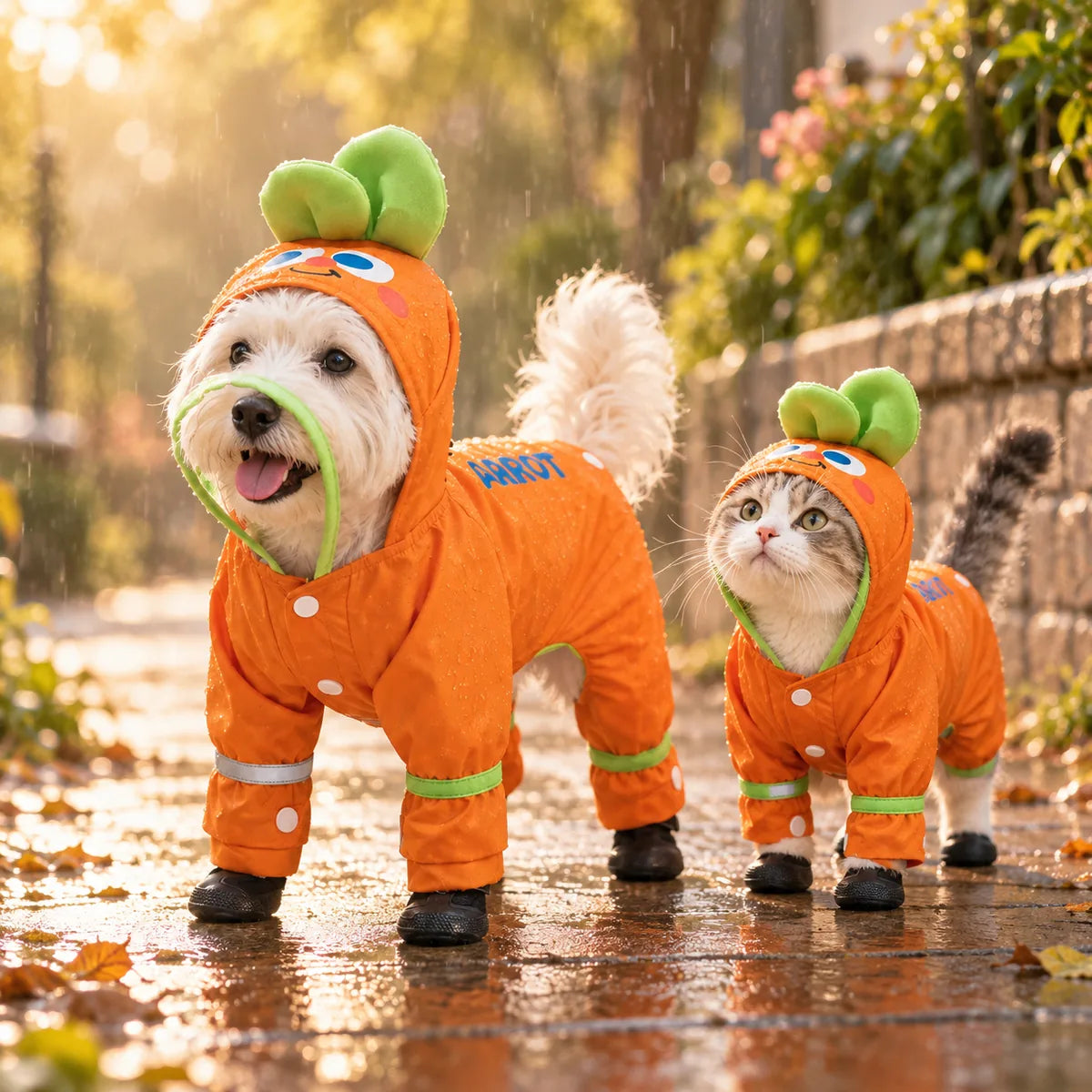 Full-Body Four-Legged Waterproof Pet Raincoat – Detachable Tail Removable Bootie Storm Hoodie