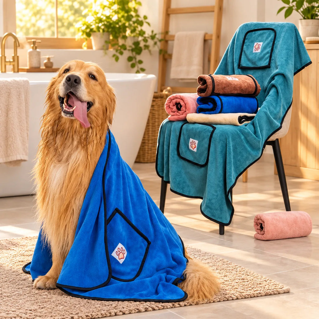 super absorbent quick-drying Dual-Pocket Microfiber Dog Bath Towel