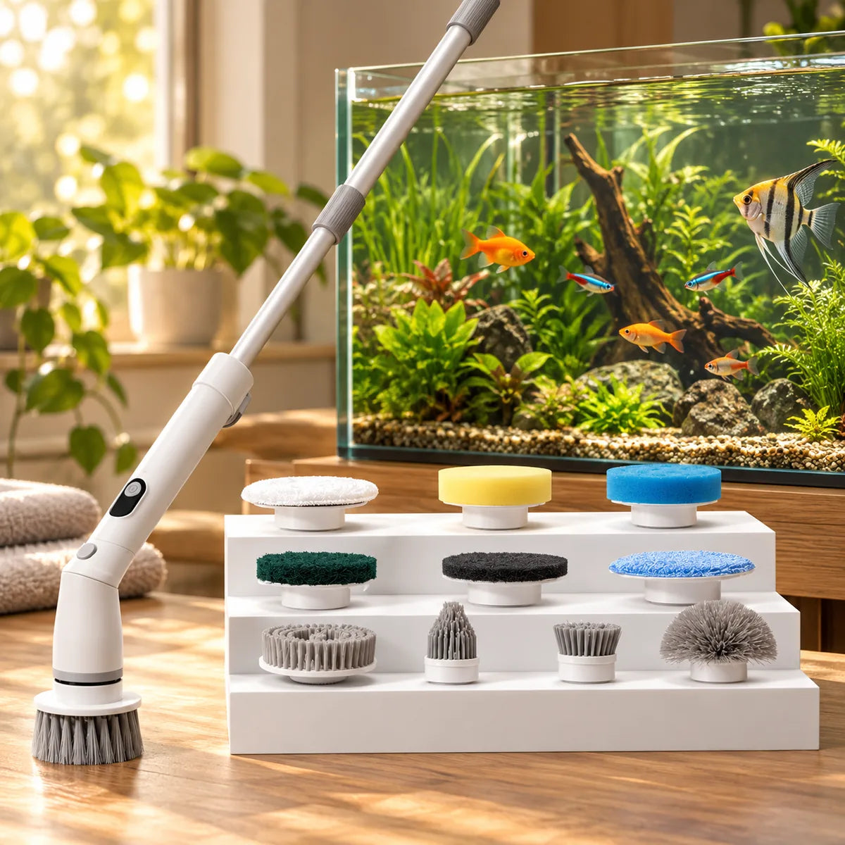 IP67 Waterproof Electric Spin Scrubber – Telescopic Handle 2-Angle Aquarium Cleaning Brush