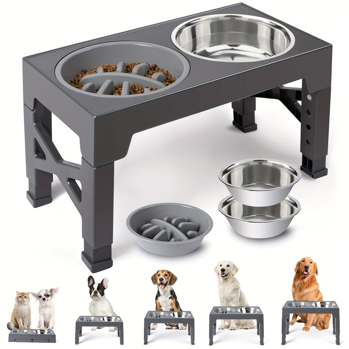 Ergonomic Adjustable Height Elevated Pet Feeder – Dual Stainless Steel Slow Food Station