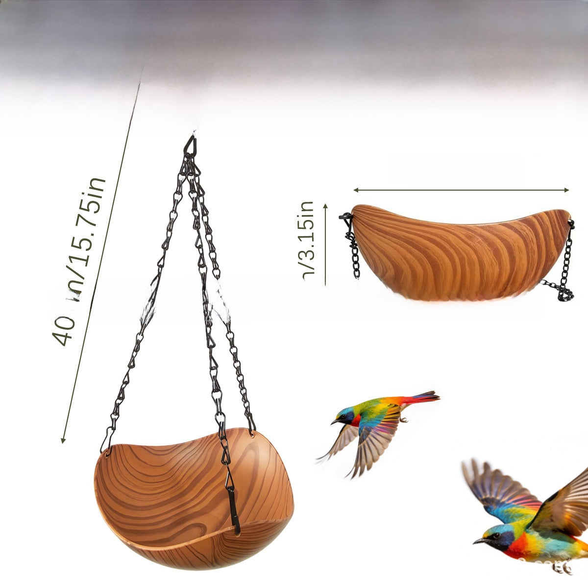 Hanging Wooden Bird Bath Outdoor Oasis – Heavy-Duty Anti-Rust Chain Garden Basin