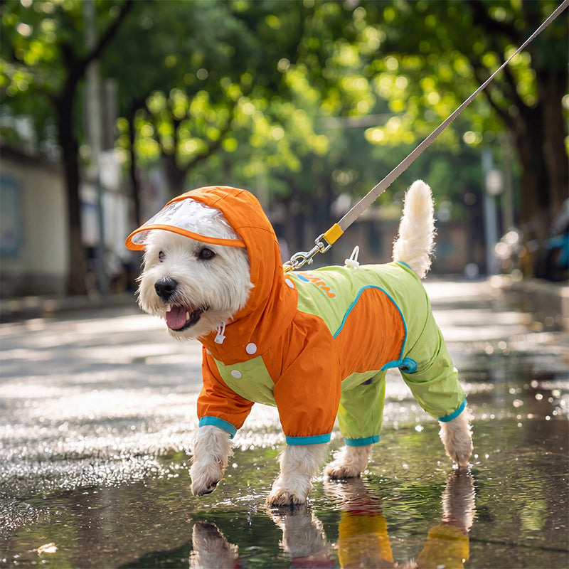 Full-Body Four-Legged Waterproof Pet Raincoat – Detachable Tail Removable Bootie Storm Hoodie