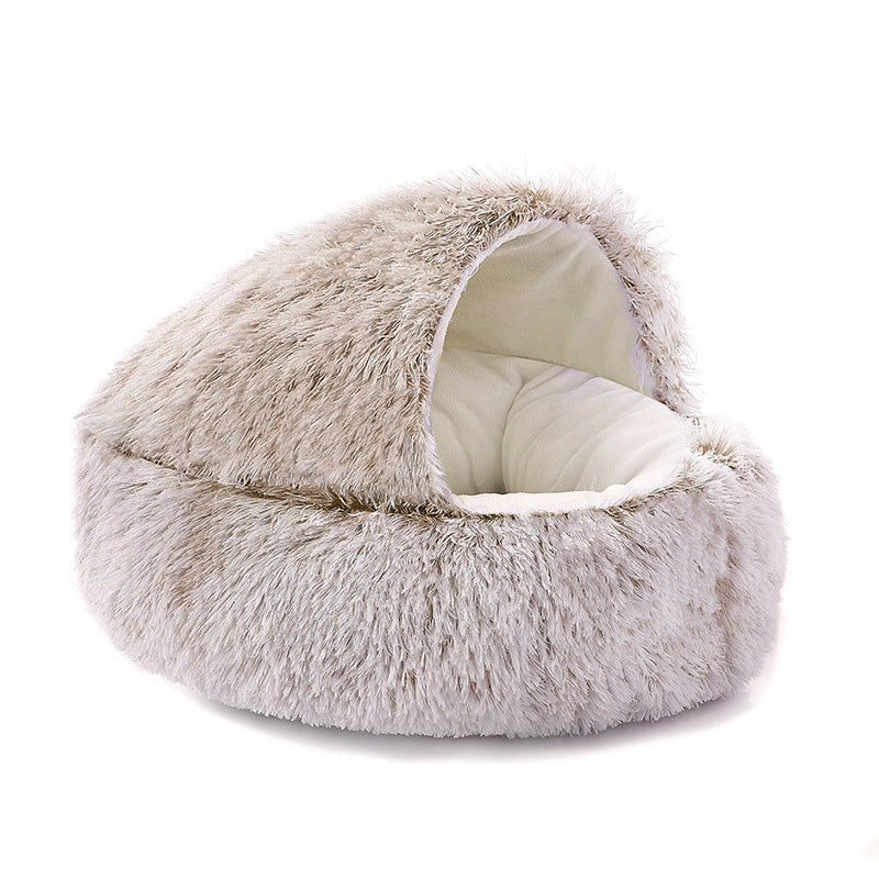 Semi-Enclosed Shell Shape Pet Cave Bed – Winter Warm Crystal Velvet Calming Nest