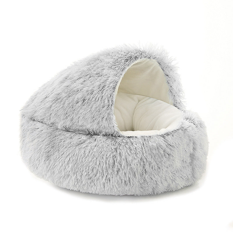 Semi-Enclosed Shell Shape Pet Cave Bed – Winter Warm Crystal Velvet Calming Nest