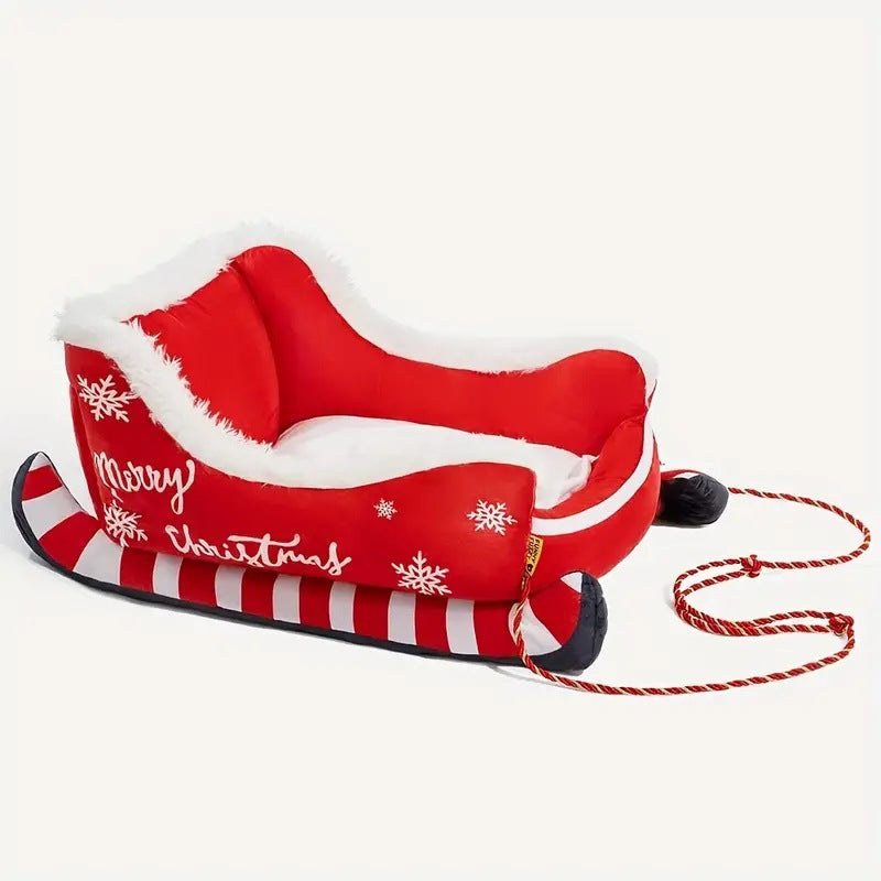 Festive Christmas Sleigh Plush Pet Bed – Winter Warm PP Cotton Insulating Lounger