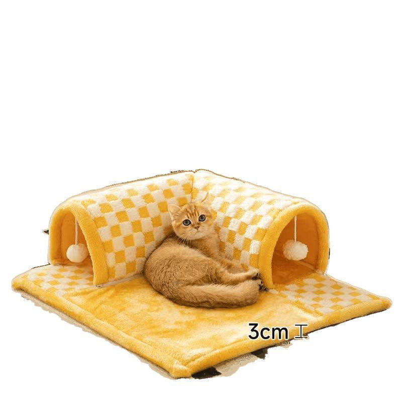 2-in-1 Foldable Plush Pet Bed Tunnel – Reversible Interactive Maze Lounge Mat