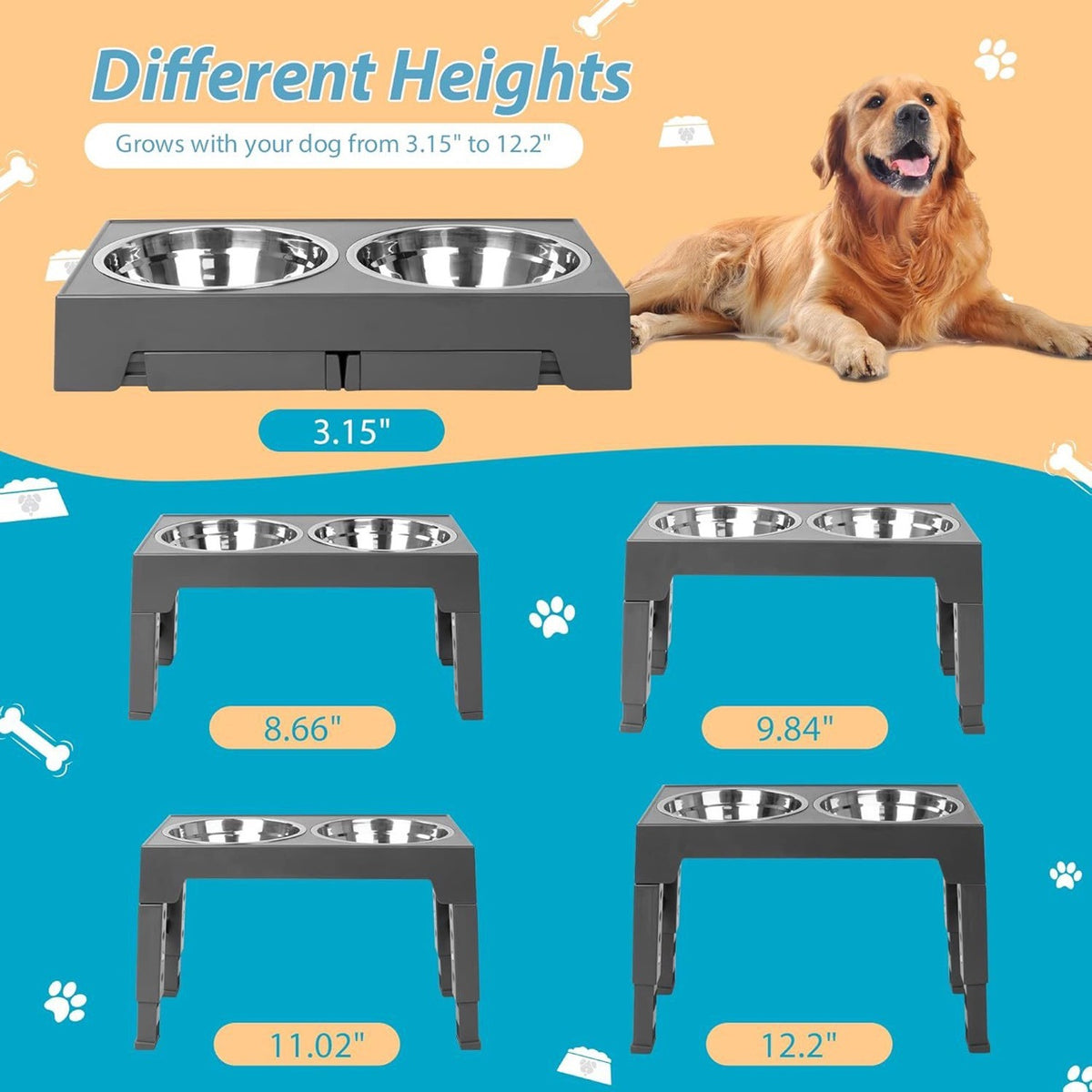 Ergonomic Adjustable Height Elevated Pet Feeder – Dual Stainless Steel Slow Food Station