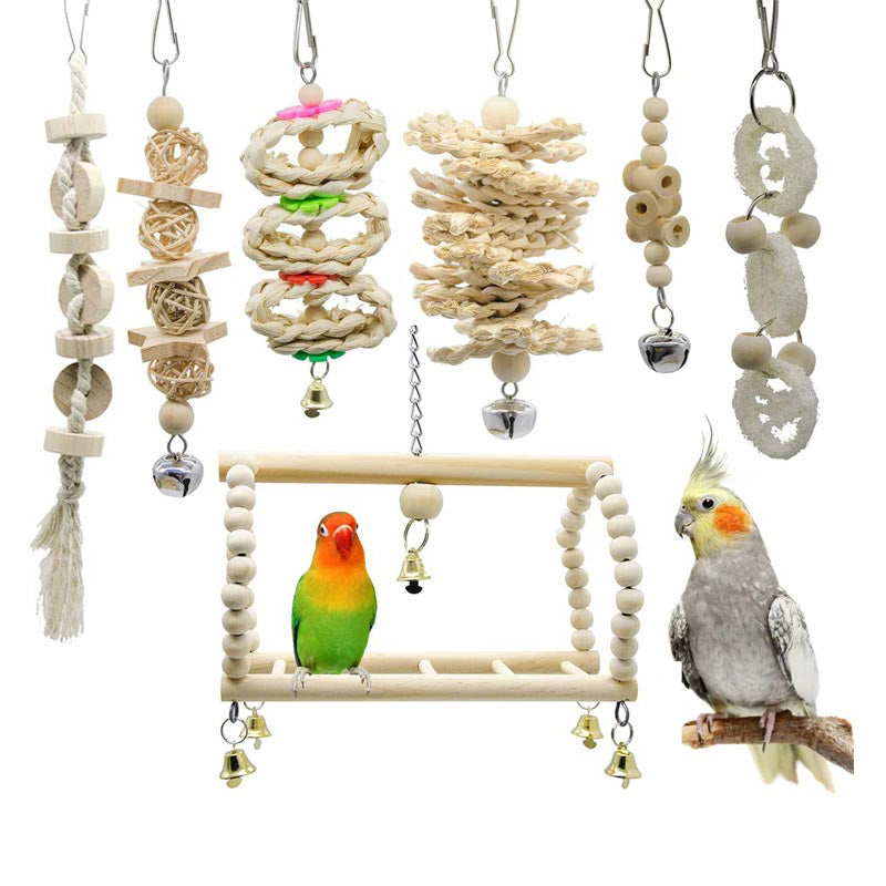 Wooden Bird Toy Set With Stairs – Interactive Swing Chew Playground For Cage Enrichment
