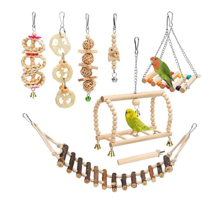 Wooden Bird Toy Set With Stairs – Interactive Swing Chew Playground For Cage Enrichment