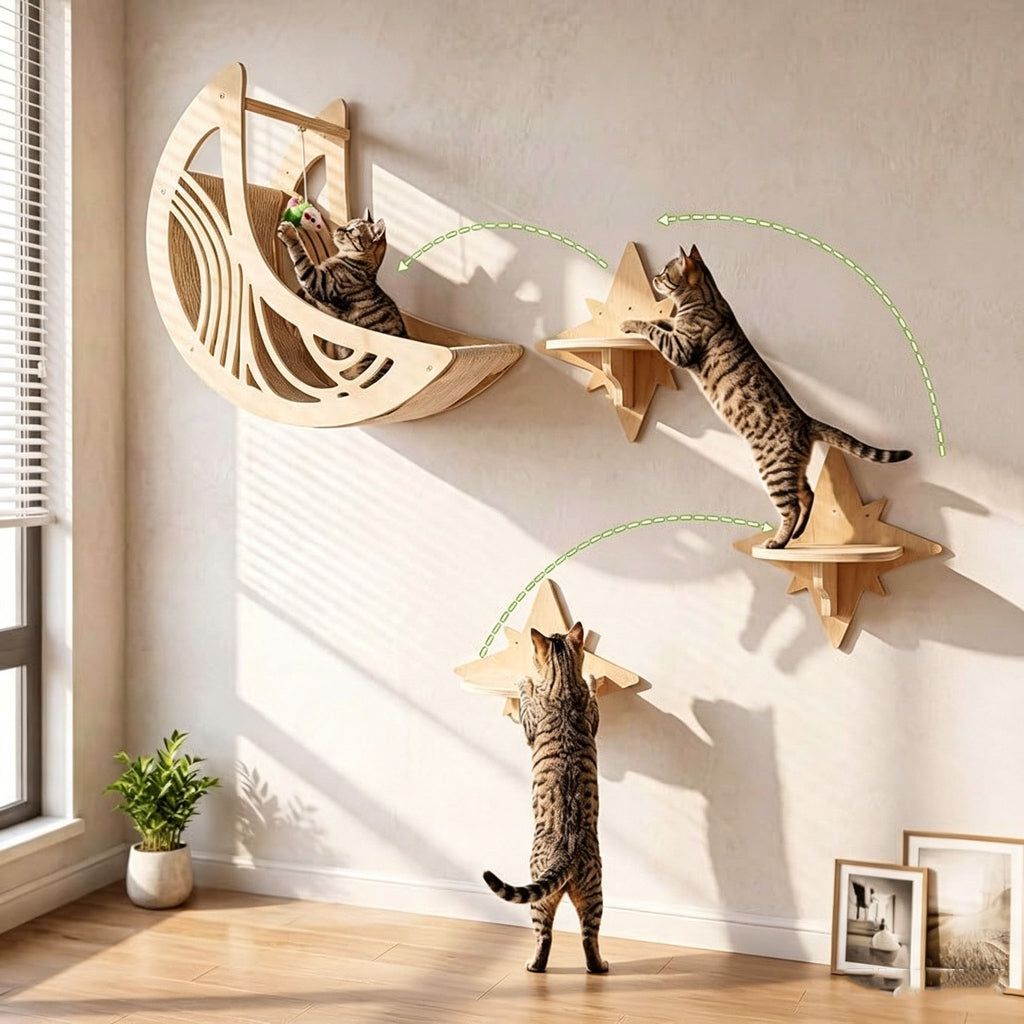 Wooden Wall-Mounted Cat Climbing Gym – Celestial Moon Bed Interactive Play Set