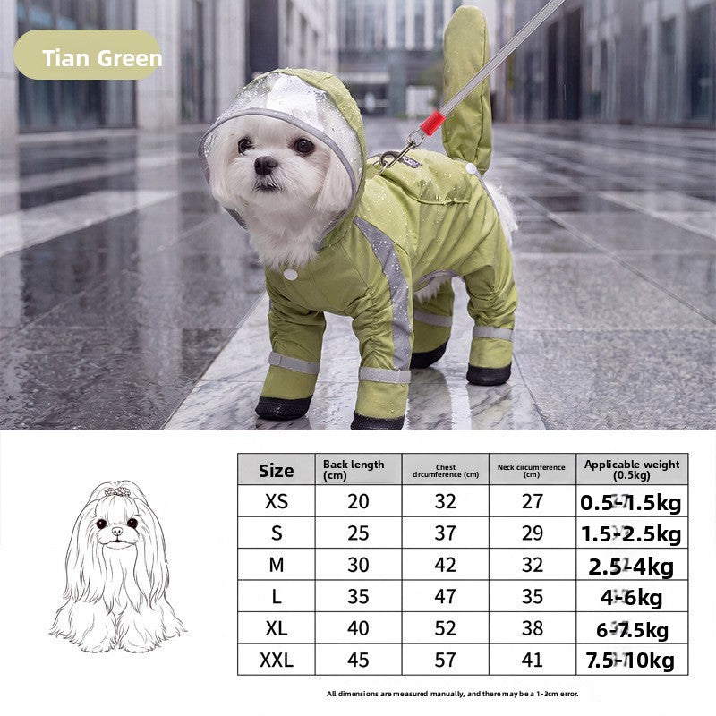 Full-Body Four-Legged Waterproof Pet Raincoat – Detachable Tail Removable Bootie Storm Hoodie