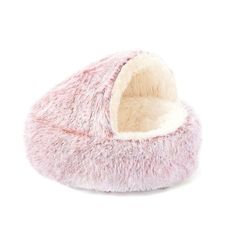 Semi-Enclosed Shell Shape Pet Cave Bed – Winter Warm Crystal Velvet Calming Nest
