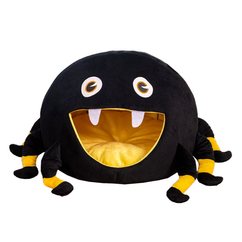 Semi-Enclosed Spider Halloween Pet Bed – Black Anti-Anxiety Soft Holiday Lounge Cave