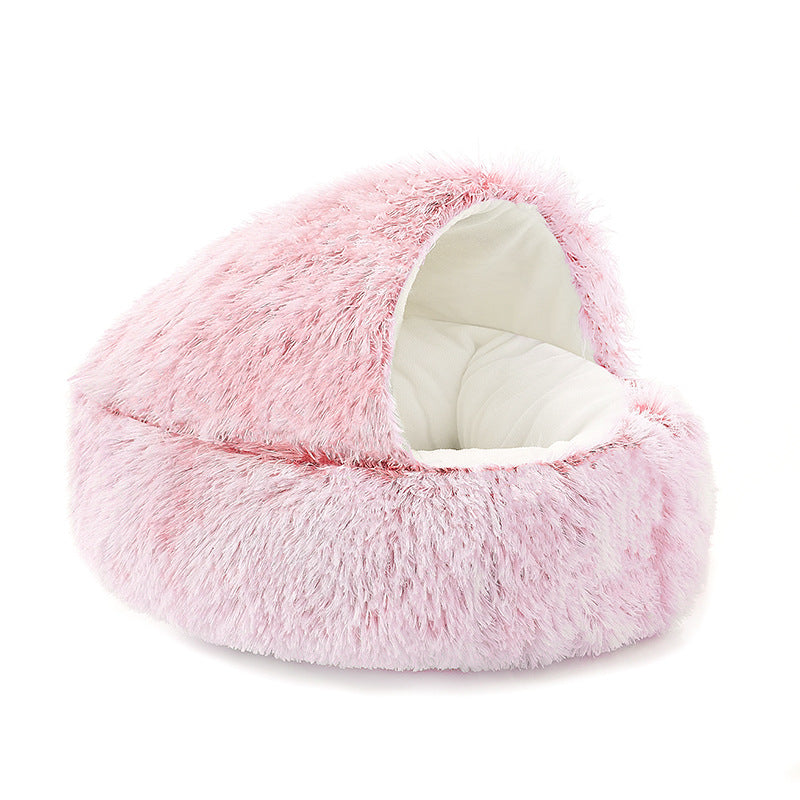 Semi-Enclosed Shell Shape Pet Cave Bed – Winter Warm Crystal Velvet Calming Nest