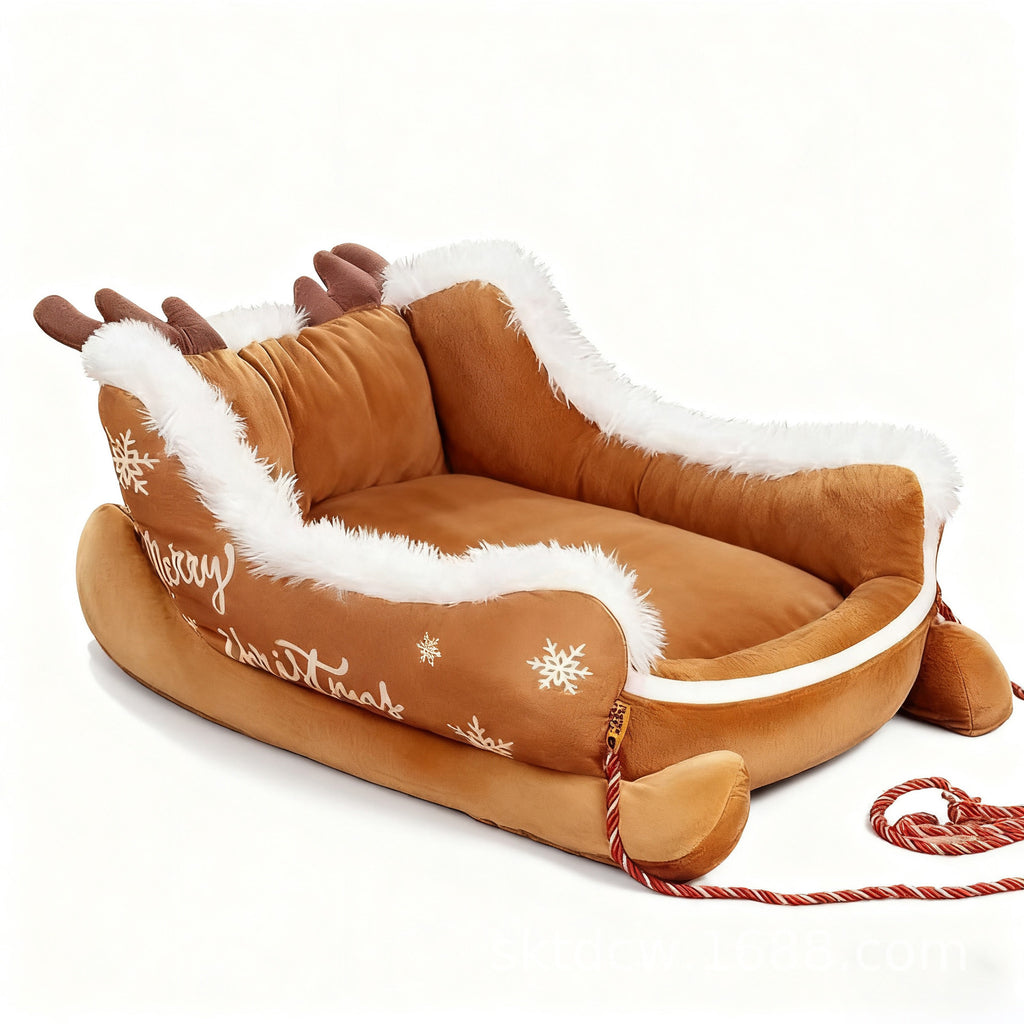 Festive Christmas Sleigh Plush Pet Bed – Winter Warm PP Cotton Insulating Lounger