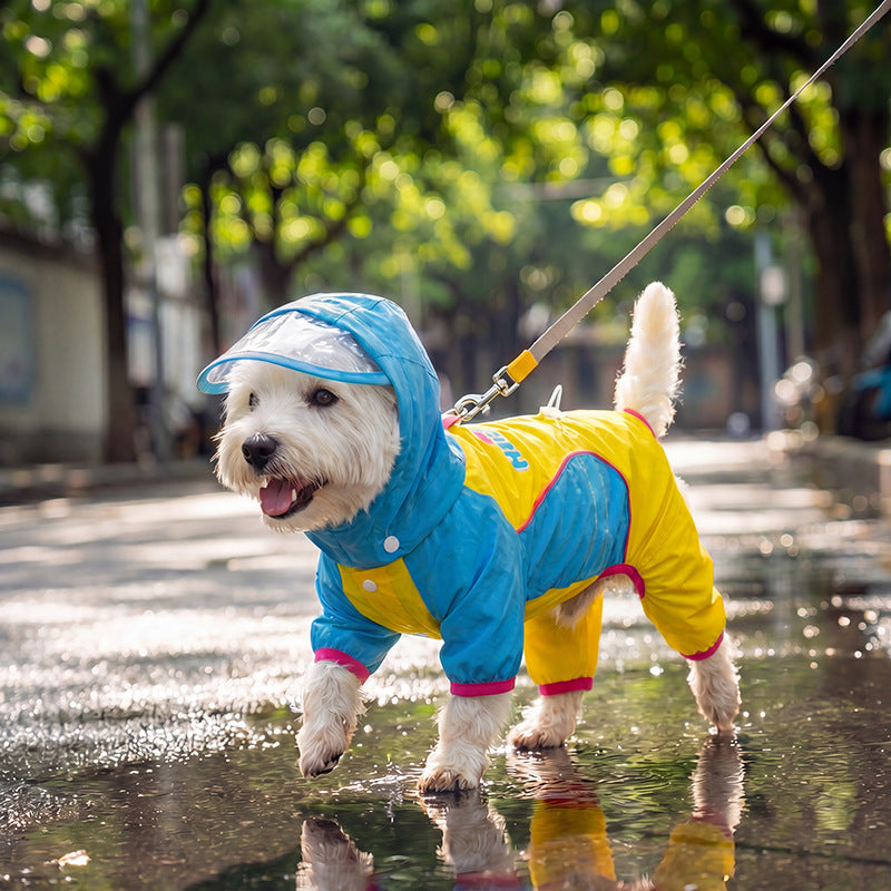 Full-Body Four-Legged Waterproof Pet Raincoat – Detachable Tail Removable Bootie Storm Hoodie