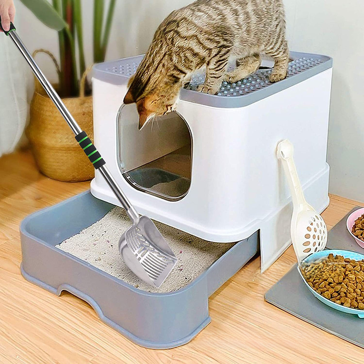 Extended Handle Aluminum Cat Litter Scoop – Ergonomic No-Bend Mesh Waste Sifter