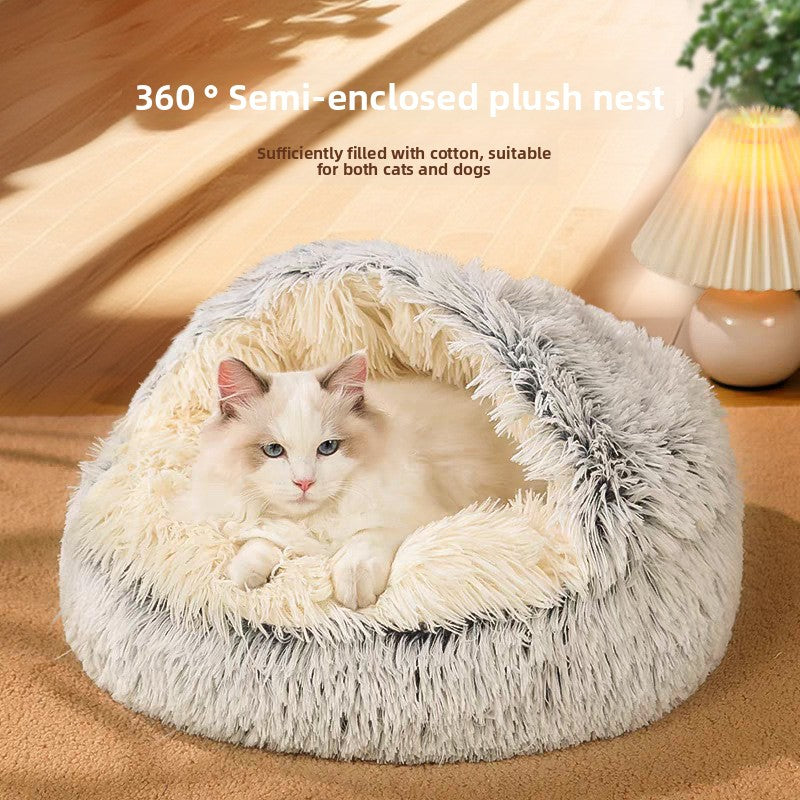 Semi-Enclosed Shell Shape Pet Cave Bed – Deep Sleep Insulating Plush Velvet Lounger