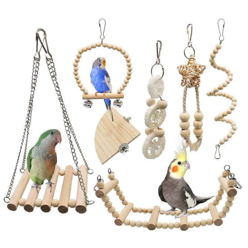 Wooden Bird Toy Set With Stairs – Interactive Swing Chew Playground For Cage Enrichment