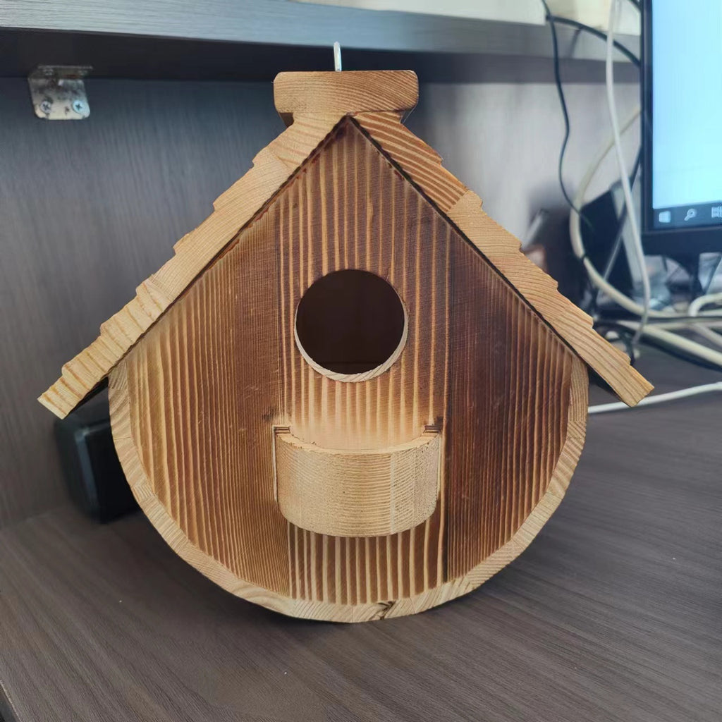 Burnt Finish Solid Wood Bird House – Semi-Circle Hanging Outdoor Breeding Nest