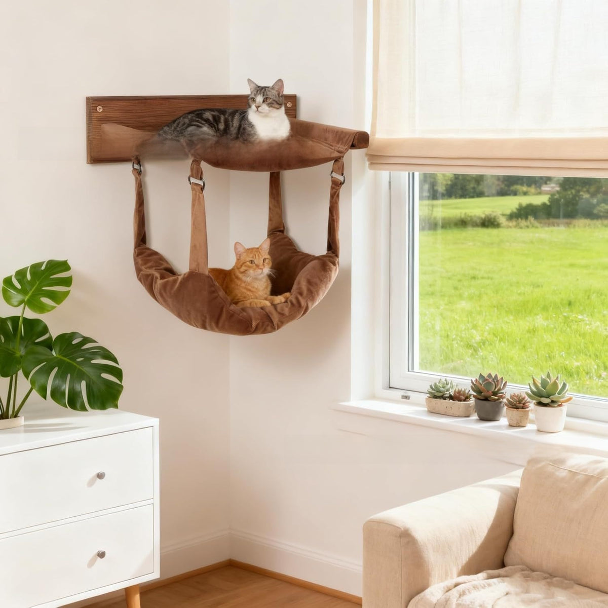 2-Tier Wooden Hanging Cat Hammock – Space-Saving Double-Layer Wall Floating Bed Nest