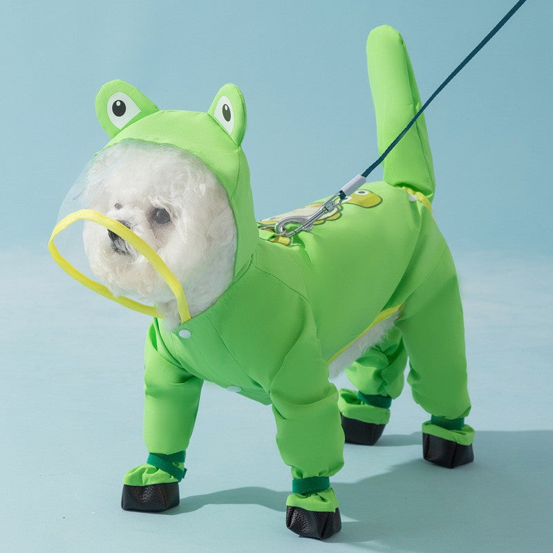 Full-Body Four-Legged Waterproof Pet Raincoat – Detachable Tail Removable Bootie Storm Hoodie