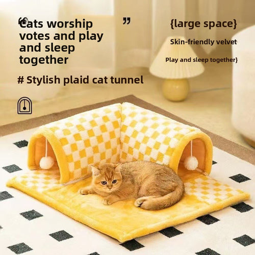 2-in-1 Foldable Plush Pet Bed Tunnel – Reversible Interactive Maze Lounge Mat