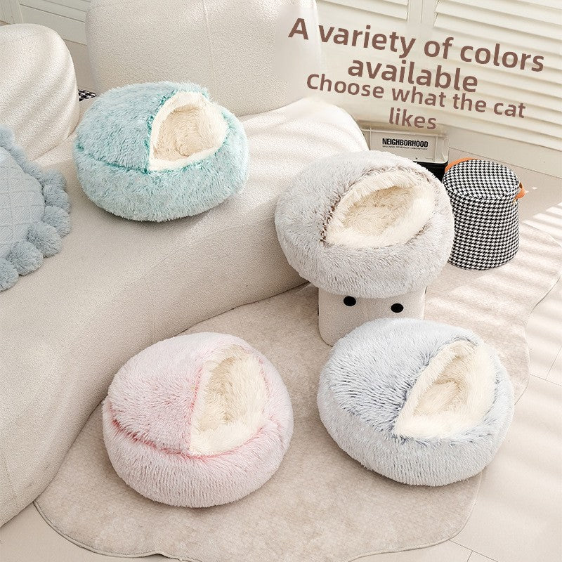 Semi-Enclosed Shell Shape Pet Cave Bed – Winter Warm Crystal Velvet Calming Nest