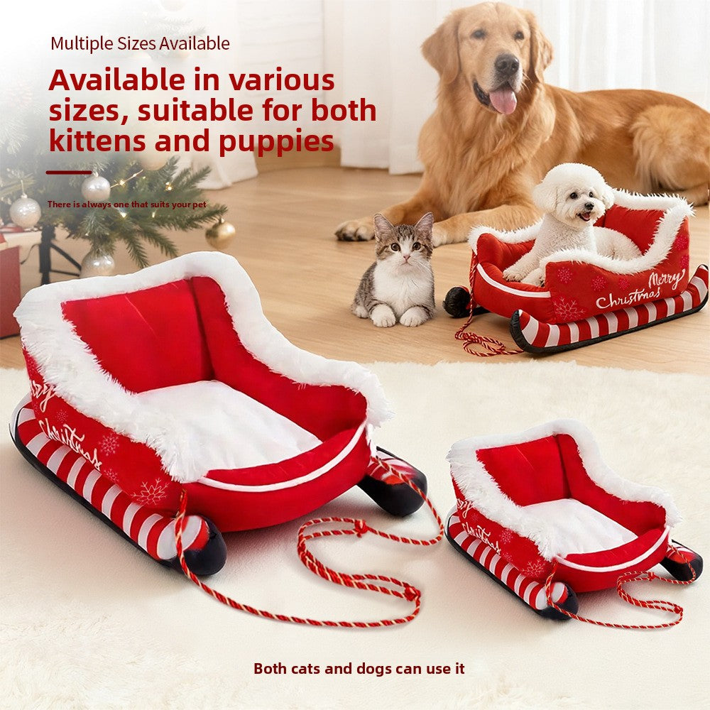 Festive Christmas Sleigh Plush Pet Bed – Winter Warm PP Cotton Insulating Lounger