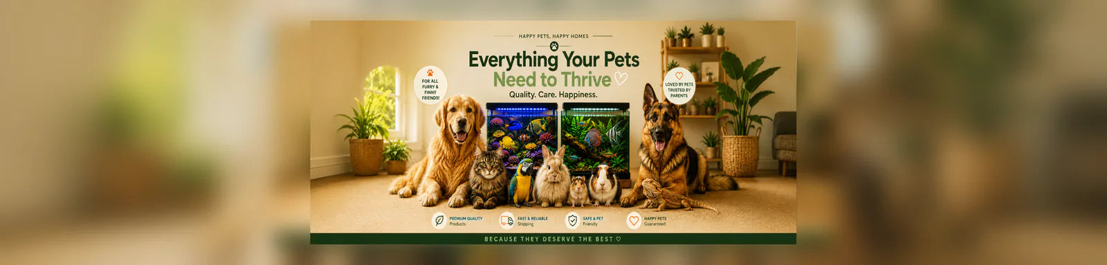 Advertisement for a pet product with dogs and cats on a wooden floor.