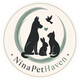 A circular logo featuring black silhouettes of a dog, cat, rabbit, and bird with the text 'NinaPetHaven' below, on a white background with a thin gray circular border.