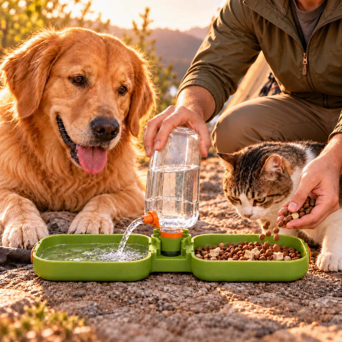 2-in-1 Portable Pet Travel Bottle – Foldable Bowl With Integrated Food Container